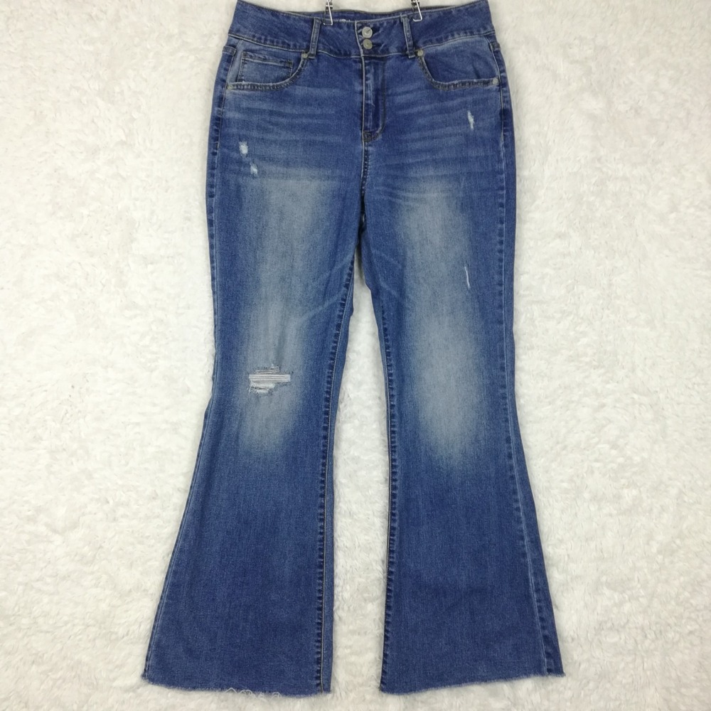 No Boundaries Womens Jeans Flare Blue Denim Frayed Raw Hem Distressed Juniors 15